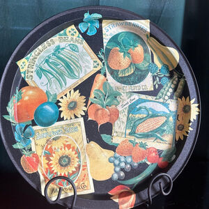 Vintage Black Round Serving Tray Seed Packets Flowers Fruit Vegs 13.5" Diameter